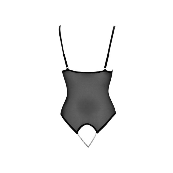 Body string en dentelle et résille noire avec perles à l'entrejambe 